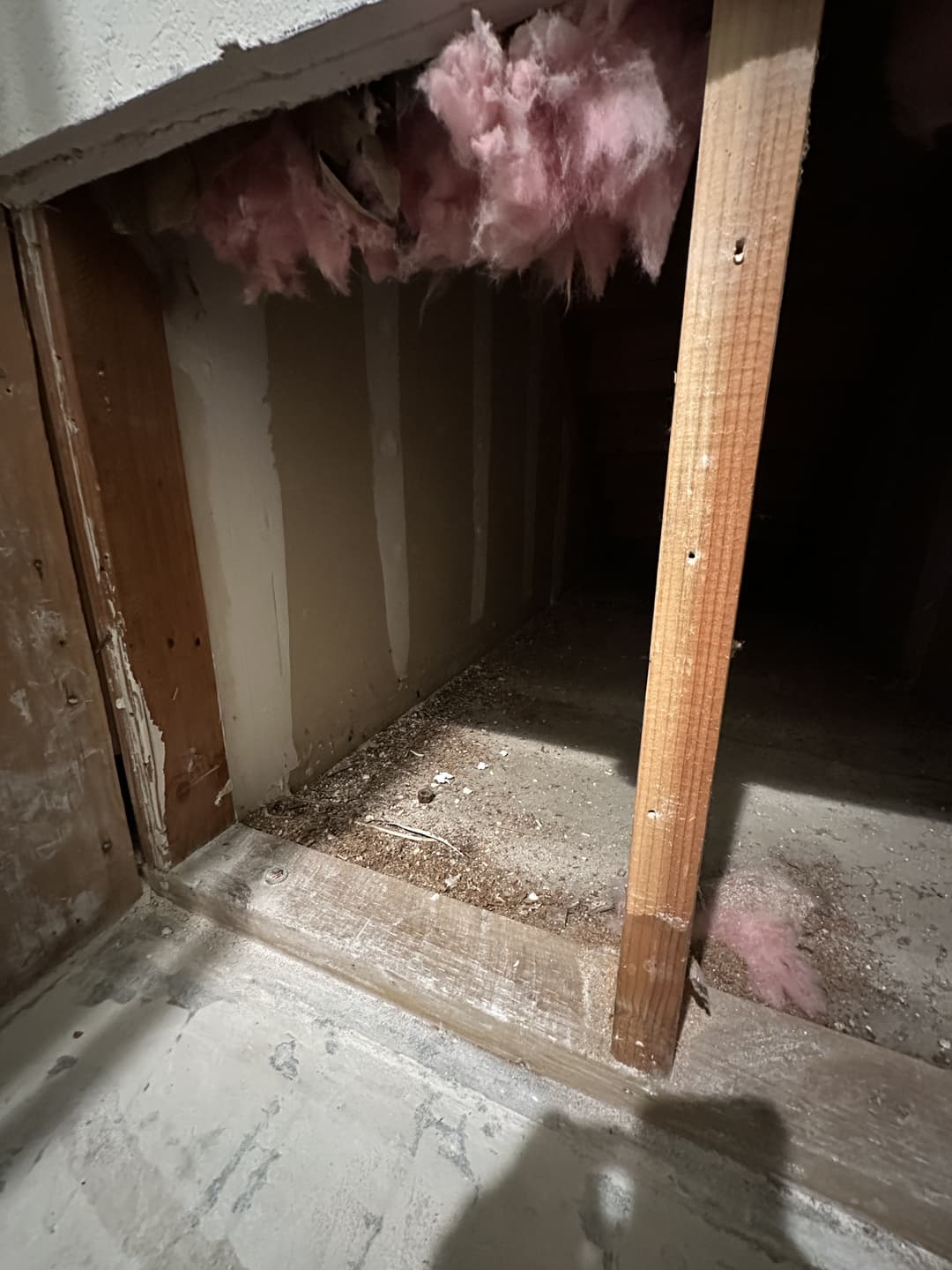 Flood cuts on bathroom walls exposing wood studs and plumbing lines after water damage in Anaheim home