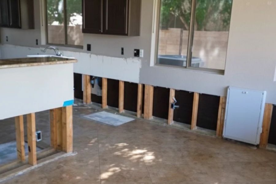 Kitchen floor showing standing water and water damage from a burst pipe in an Anaheim home